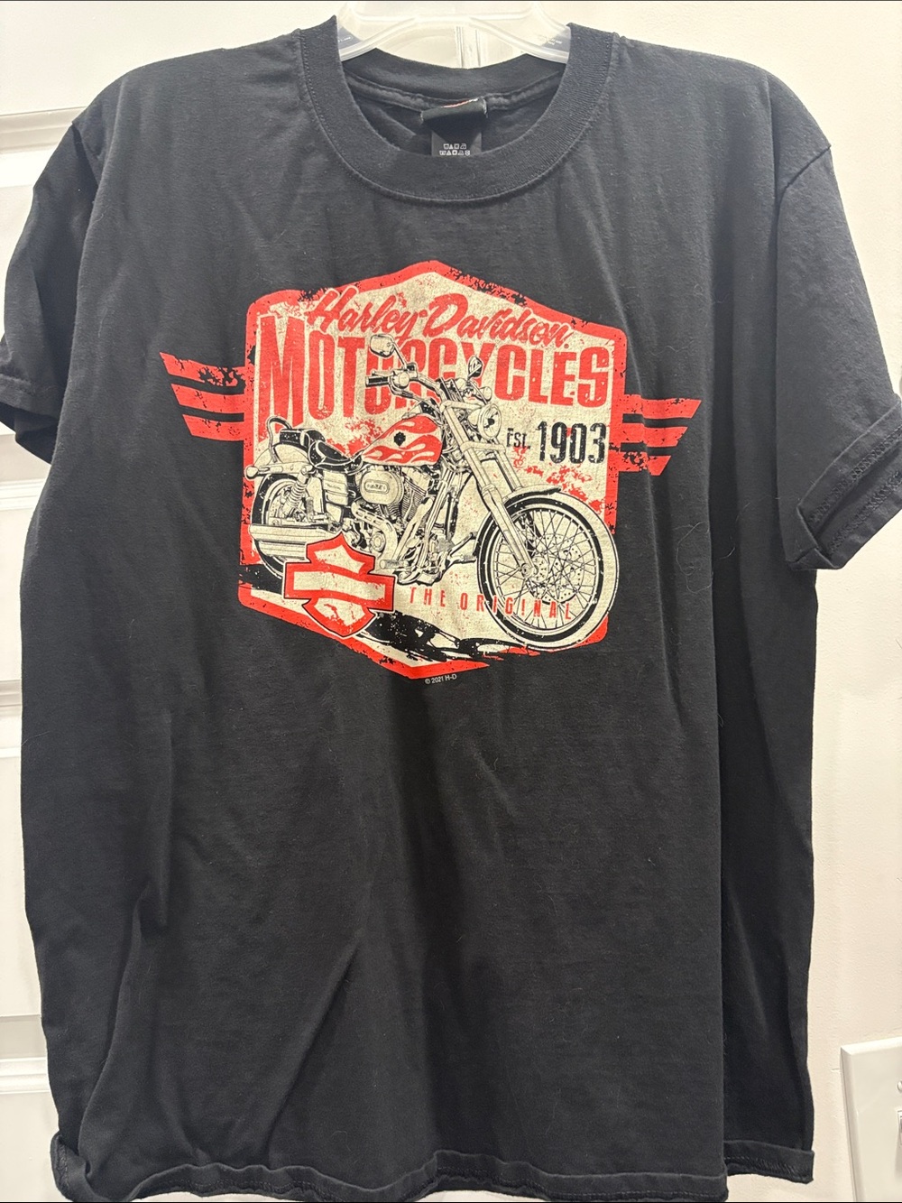 Harley-Davidson Black Tee with Red and White Motorcycle Graphic